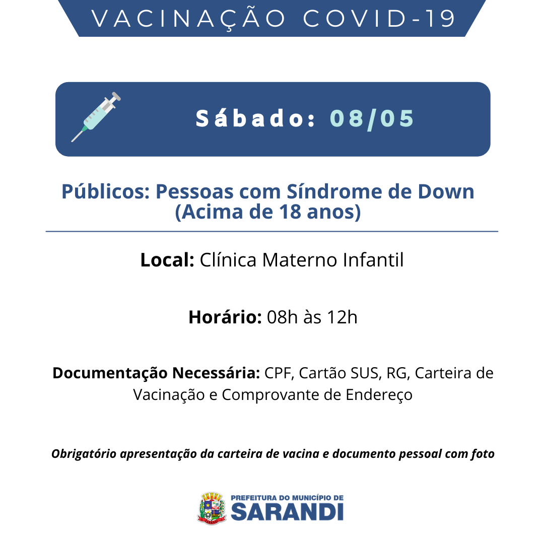 Cronograma de Vacinação contra Covid-19 - Sábado - 08/05/2021